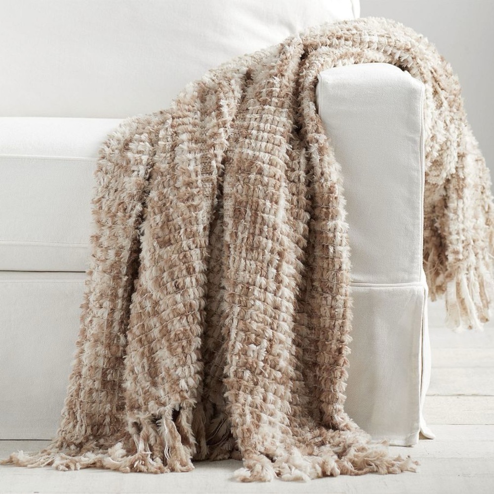 Pottery Barn Faux Fur Woven Fringe Throw blanket HTF tan beige 50” x 60” cozy!